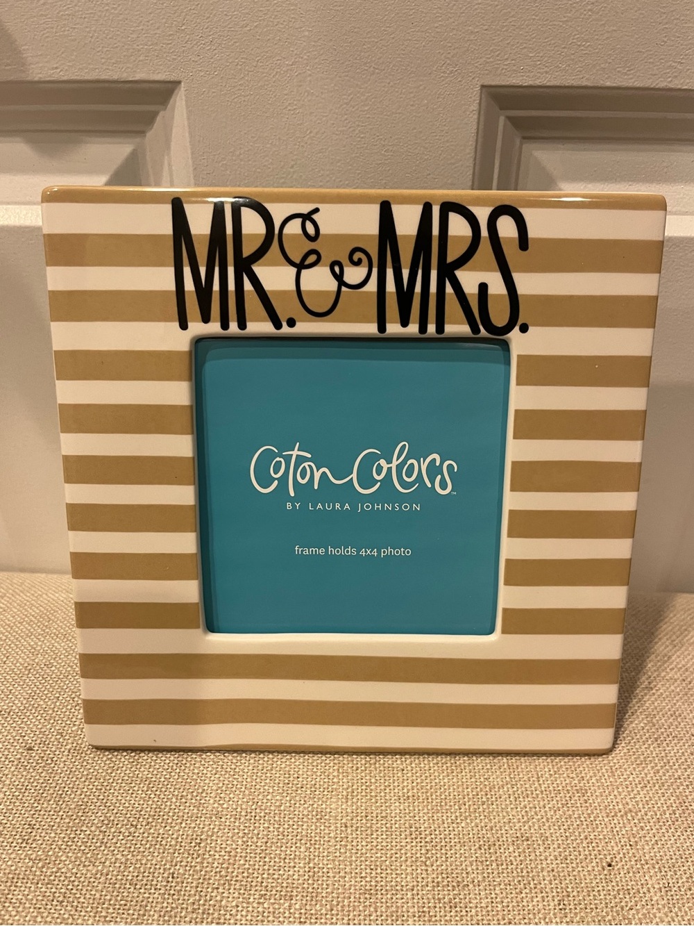 NEW Coton Colors "Mr. & Mrs." Striped Photo Frame in Tan & White- 4 x 4